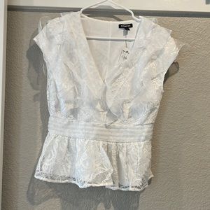 White Express lace organza side zip Top